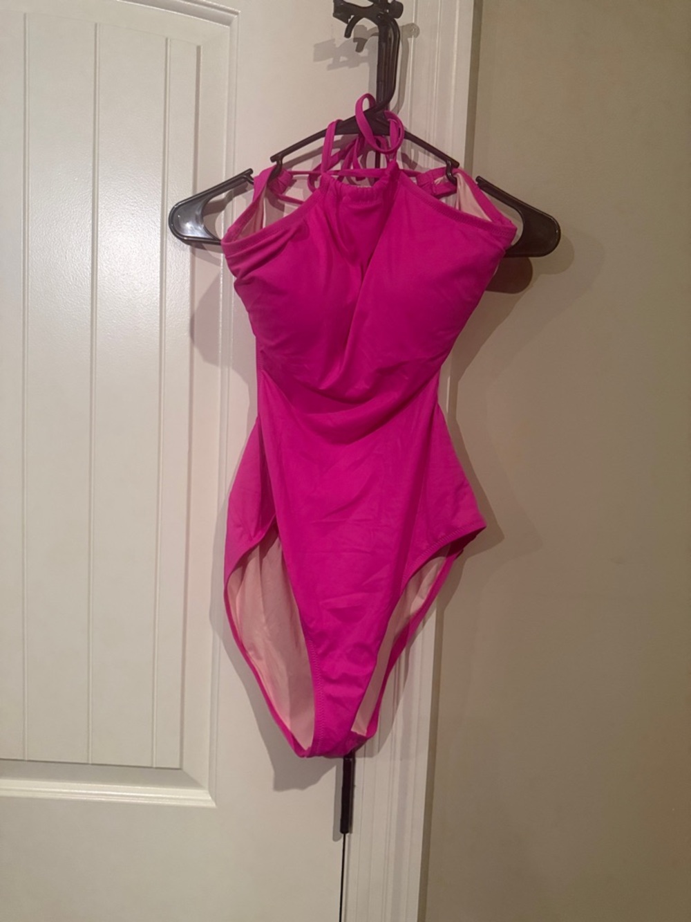 Women Hot Pink One-Piece Swimsuit with Halter Neck
